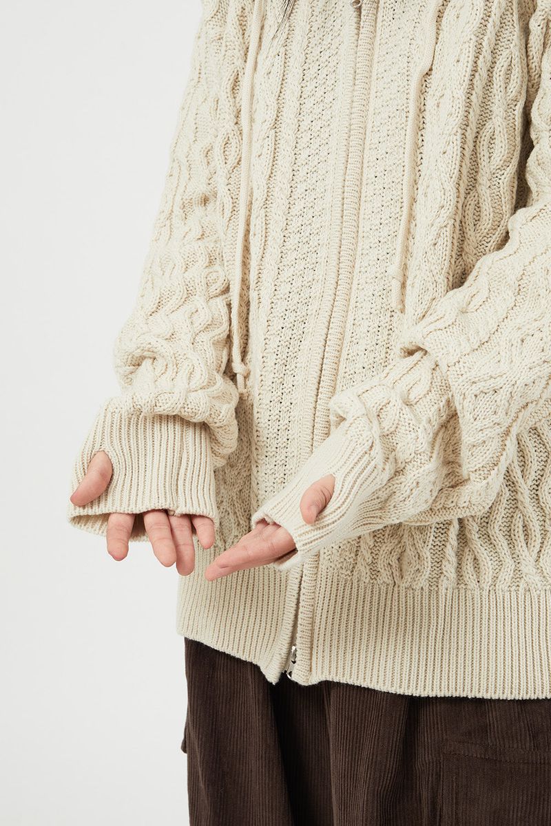 Cable twisted knit hood zip-up