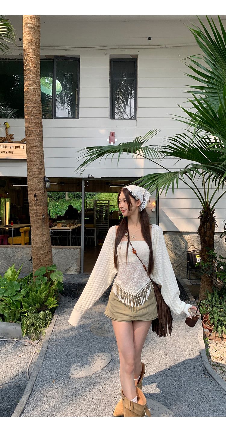 khaki cotton mini pants skirt