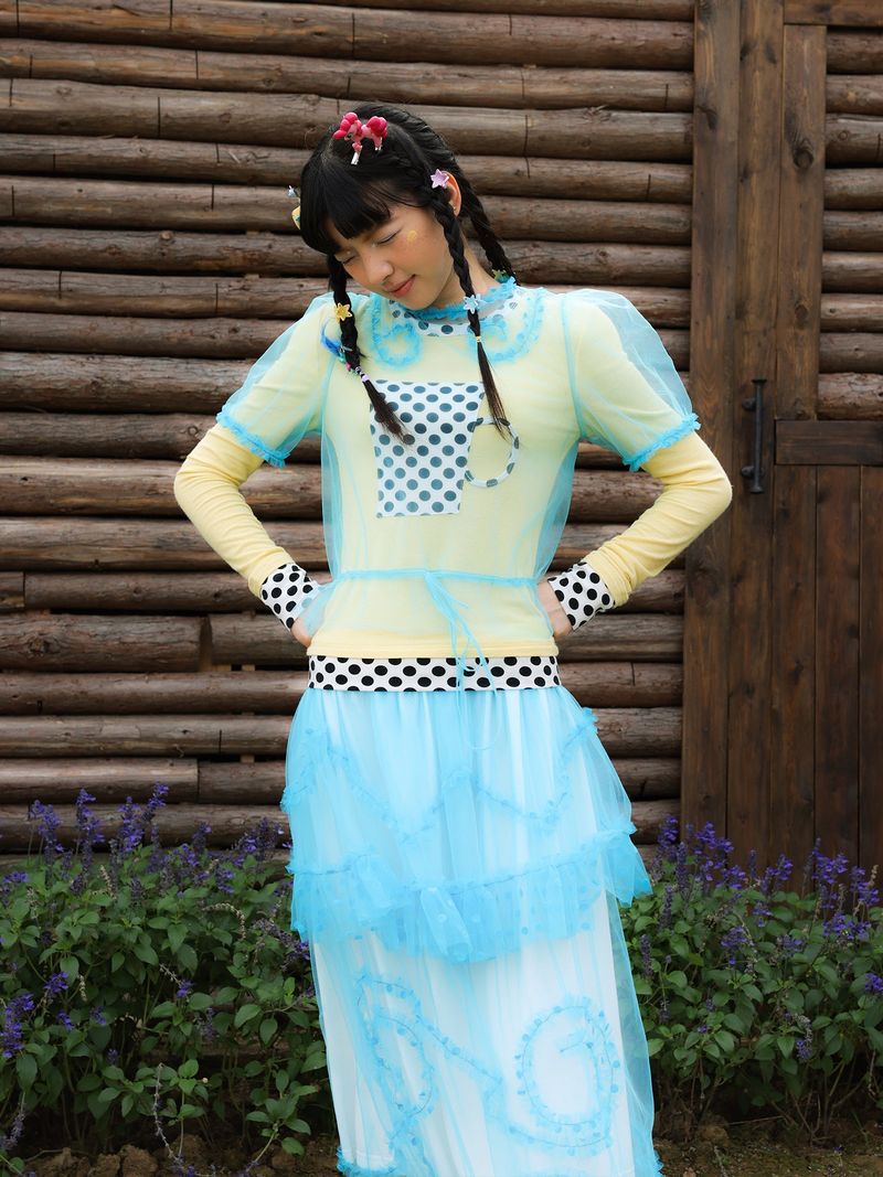 UnsocialNight（アンソーシャルナイト）の「UnsocialNight's new mesh stitching polki dot swirl top layered cute and sweet（Tops）」