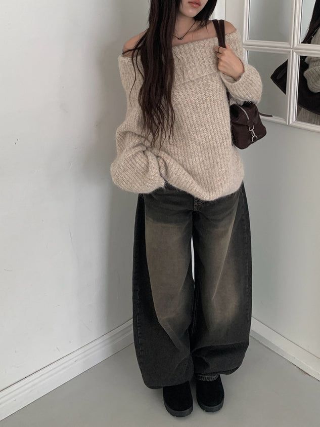 [Scrunchie Set] Nora Off-Shoulder Loose Knit