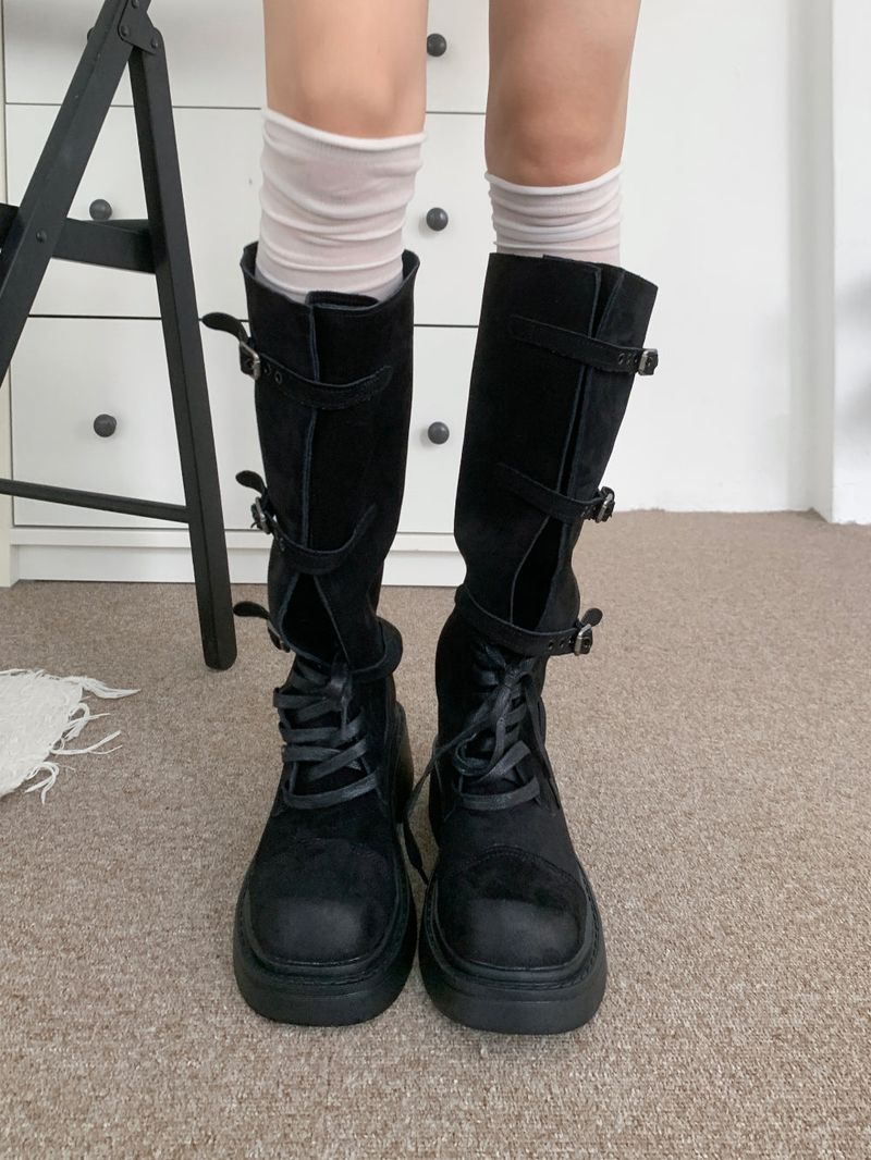 Kelvo Triple Buckle Belt Lace-Up Suede Oversole Long Boots (2 Colors)