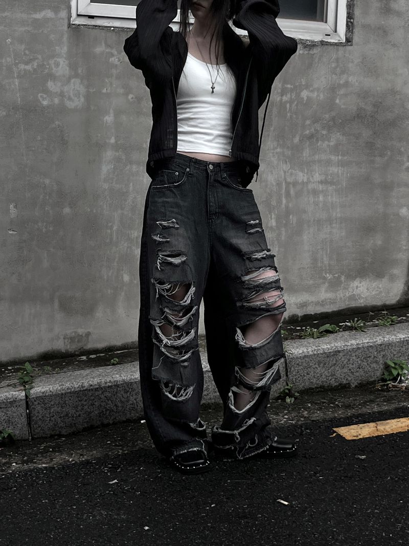 black destroyed wide denim