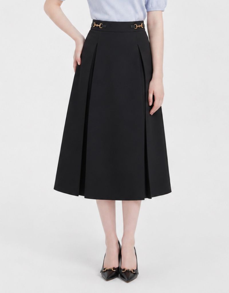 Mirabelle Gold Horsebit Pleated A-Line Midi Skirt Black