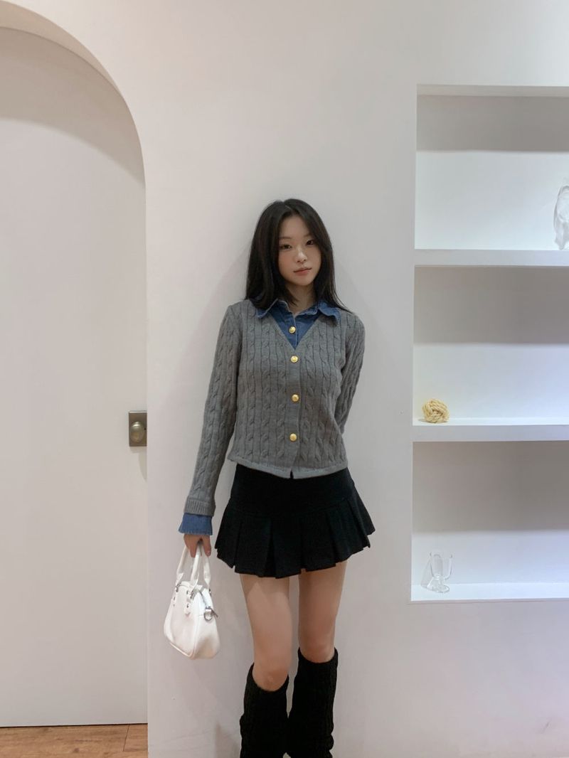 Perry Denim-Layer Cable Knit Long Sleeve Cardigan