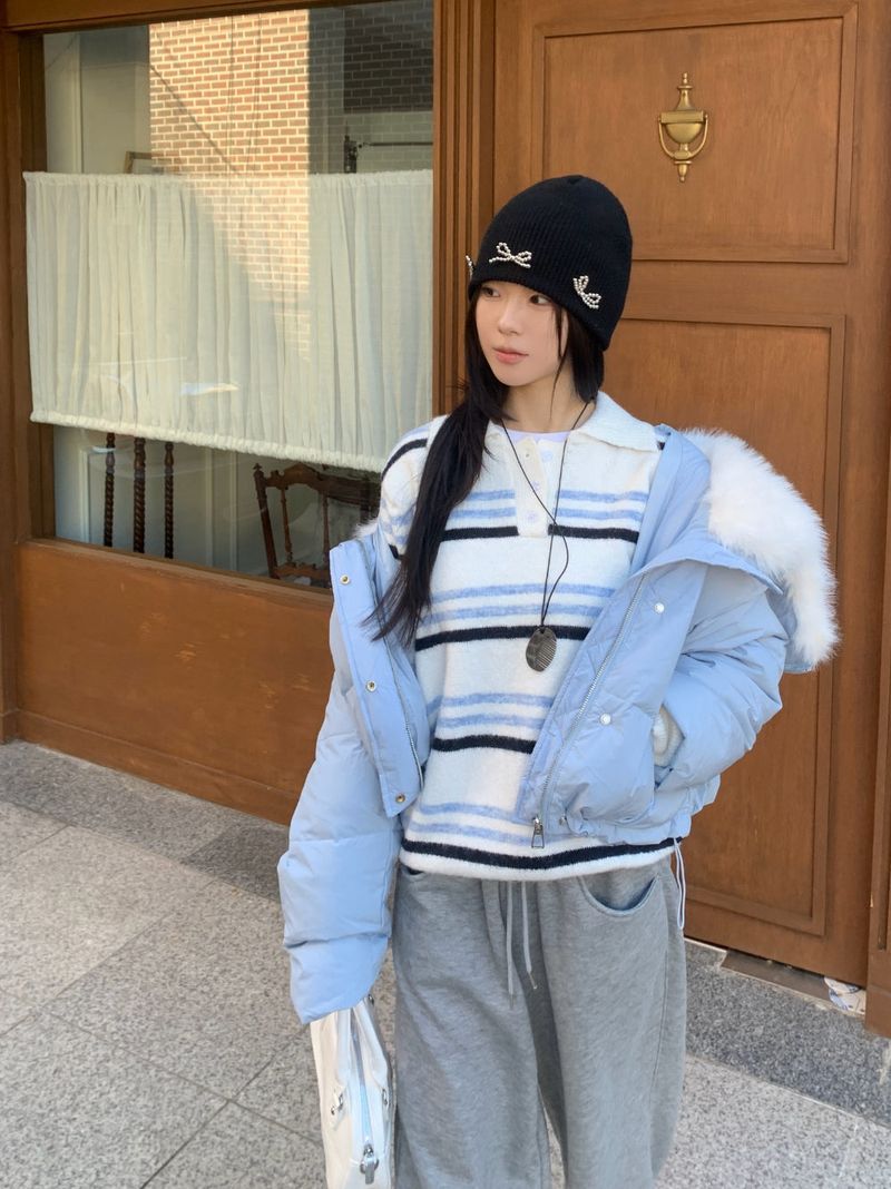 Ice Bloom Fur-Collar Duck Down Short Puffer