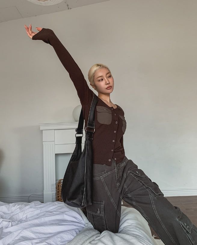 Luchi color matching pocket ribbed cardigan