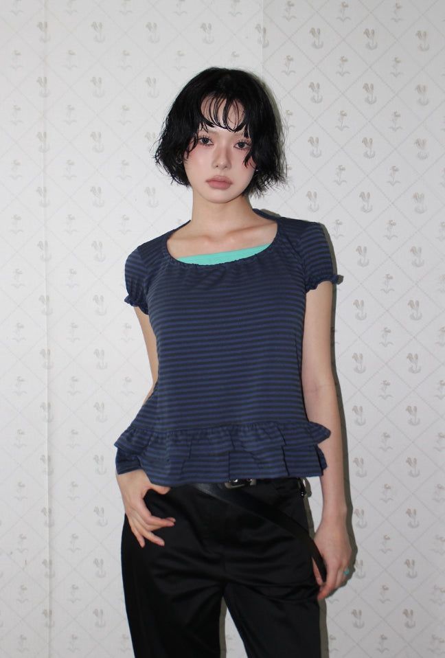 AAKE(アケ)の「STRIPE HALTER FRILL TEE(Tops)」
