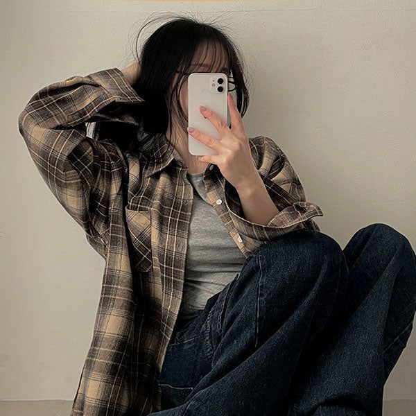 Sand Planning Oversized Checkered Shirt Shirt