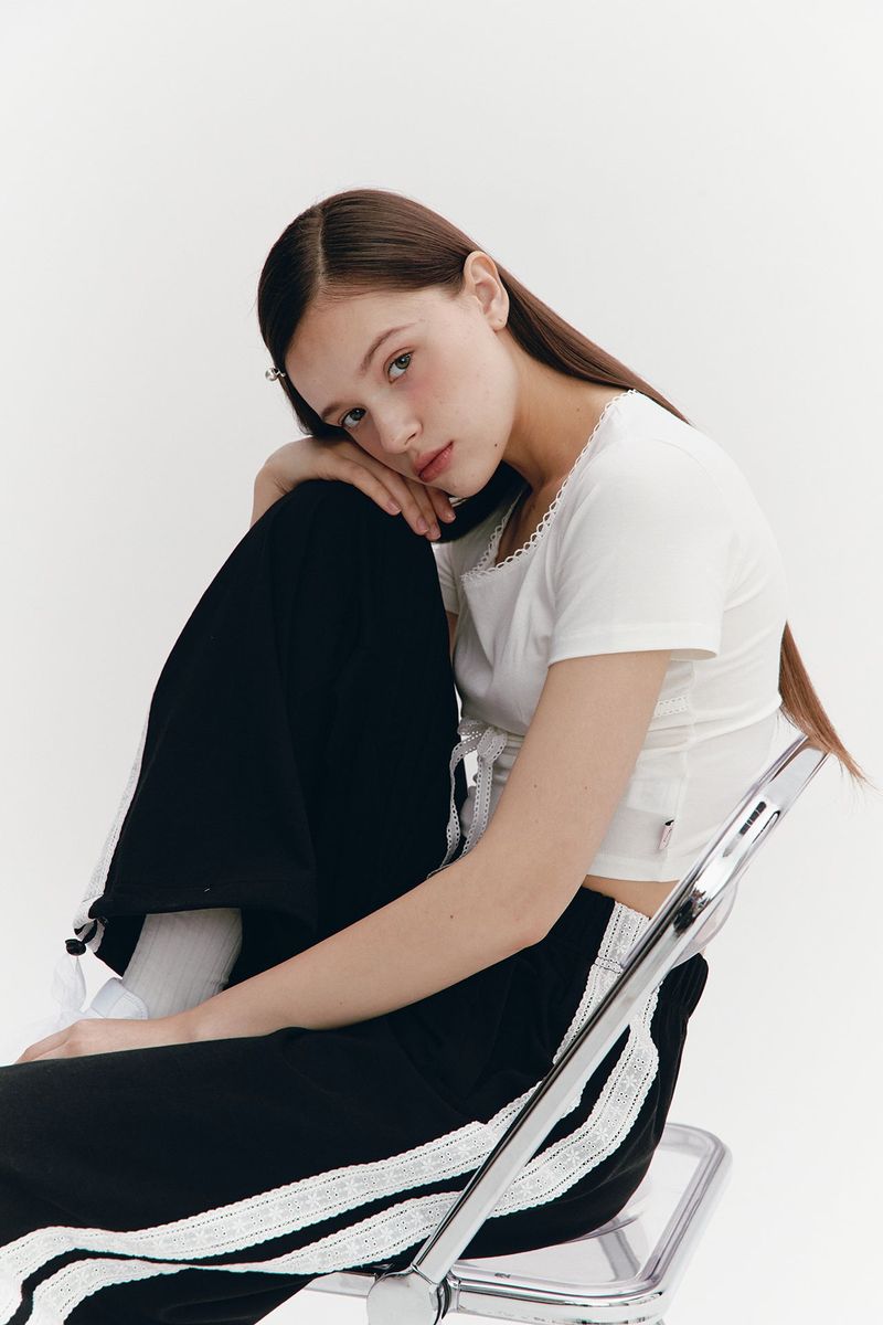 Lace Ribbon Shirring Top Ivory