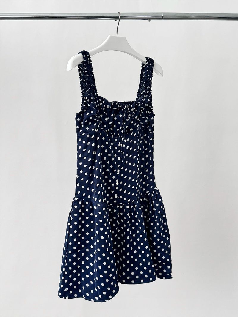 Navy Dotted Square Neck Flared Dress