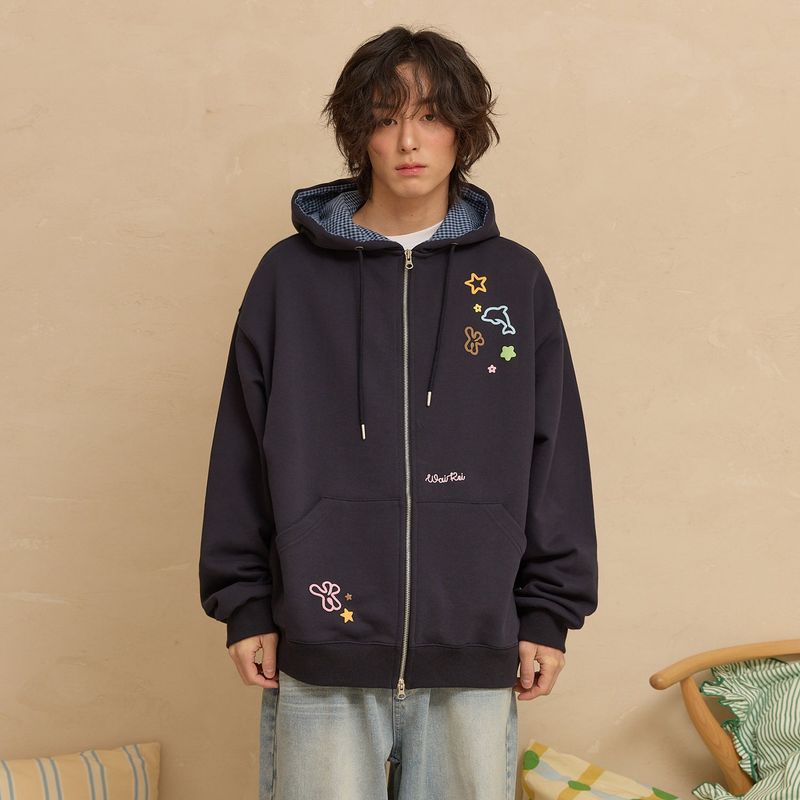 Star Dolphin Emboss Graphic Hood Zip Up