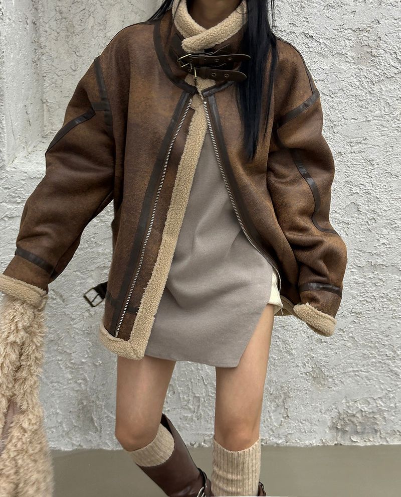 Oversized Fit Leather Wool High-Neck Mustang