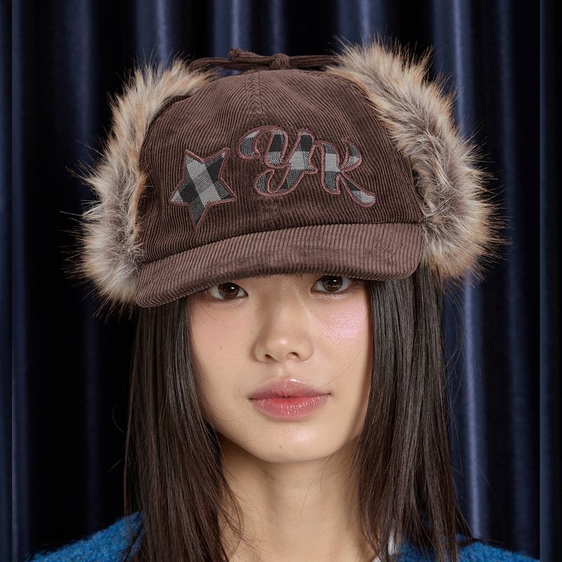 Corduroy Check Applique Trooper Cap