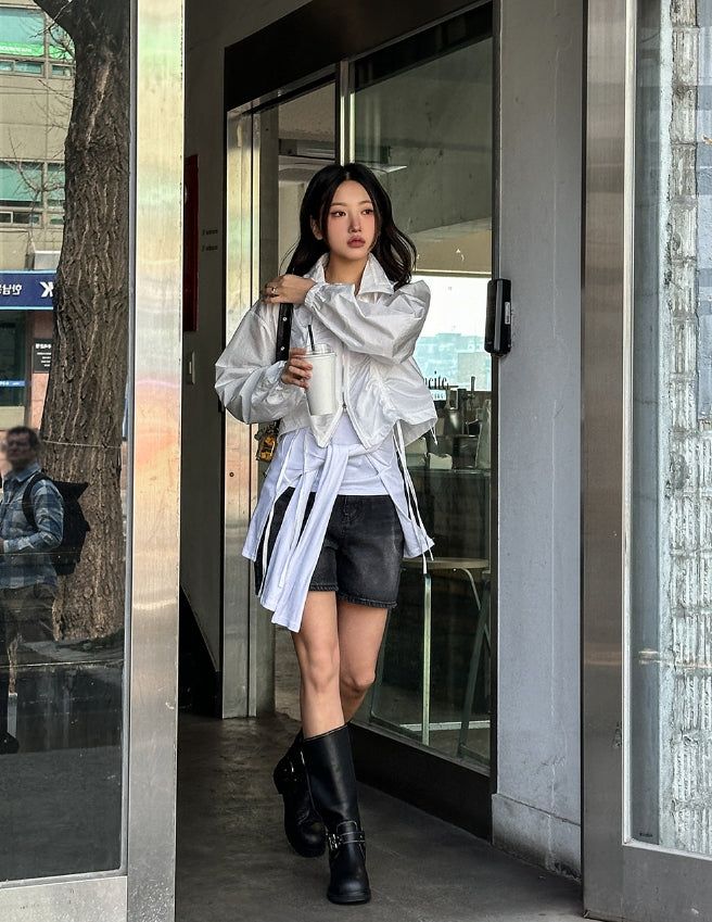 Sunlit strap shirring nylon zip-up jacket