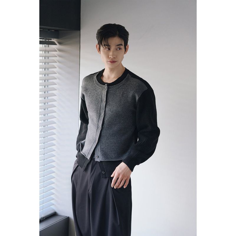 Layered wool knit cardigan(Black)