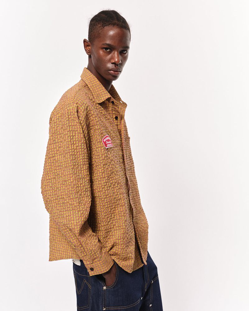Blue sunflower(ブルーサンフラワー)の「Bluesf Waffle Checkered Oversized Fit Shirt - PINK & YELLOW(Tops)」