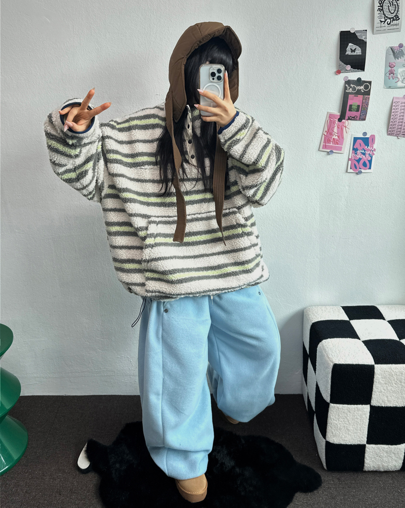 BOTH-SIDES FLEECE SNAP LONG PANTS 🧸🩵🤍6COLOR