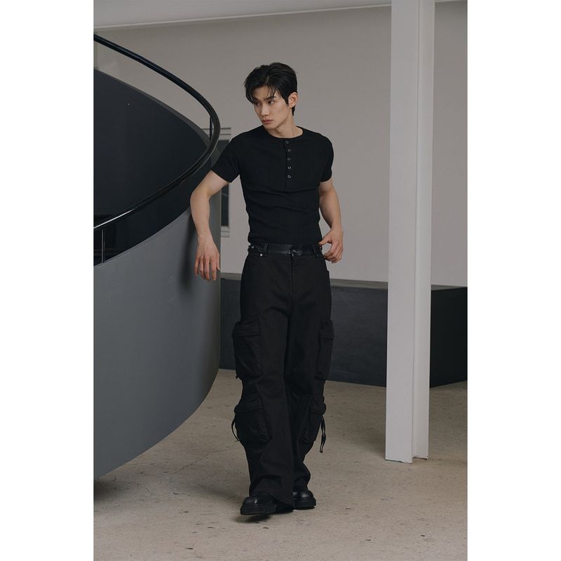 High ribbed henry neck half sleeves(Black)