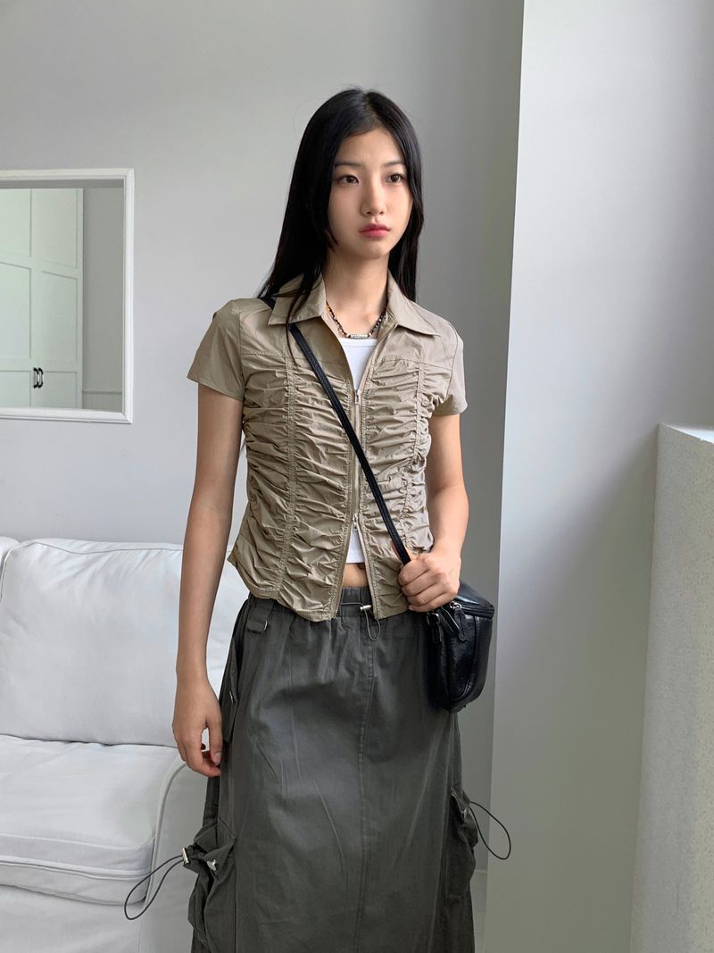 Pave gopchang pleated shirring two-way nylon short-sleeved jacket