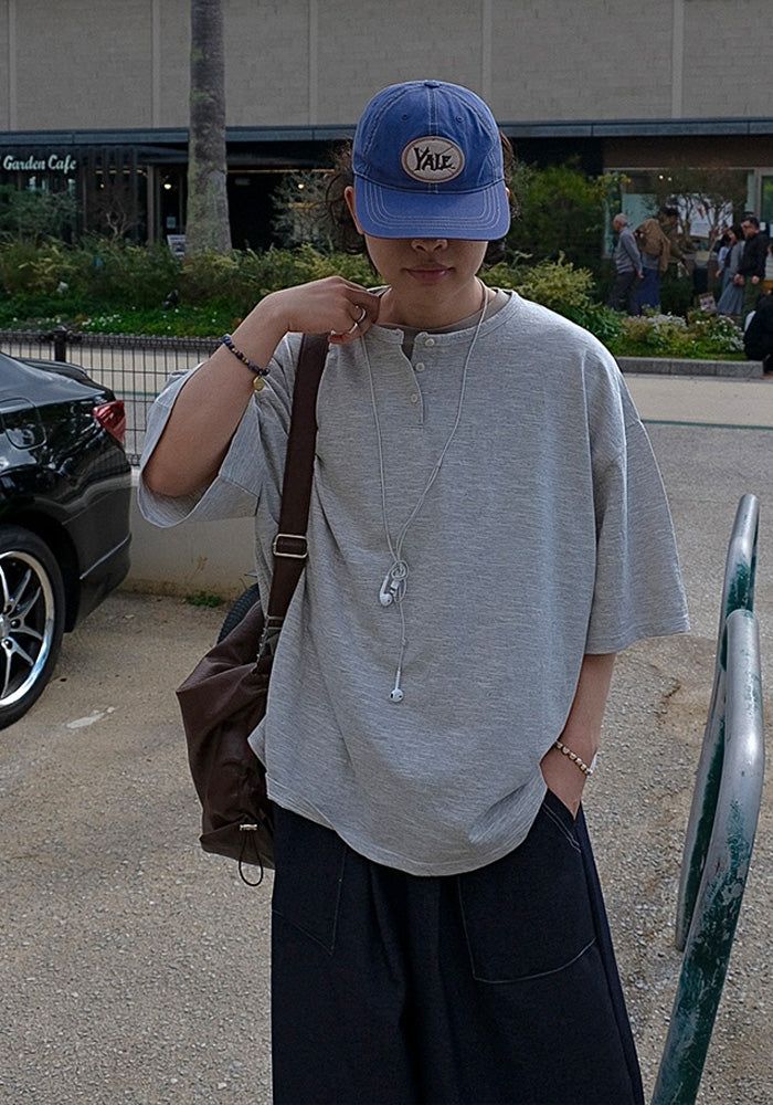 [SEMADE] Short Slub Henley Neck Over Sleeve 슬럽 헨리넥 티셔츠 (반팔)