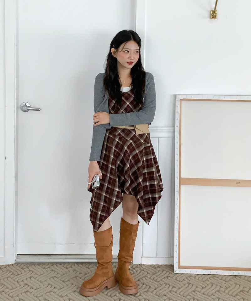 Mute Unbalanced Bustier Checkered Dress