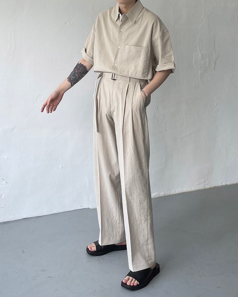 ECT linen belt wide slacks (4 colors)