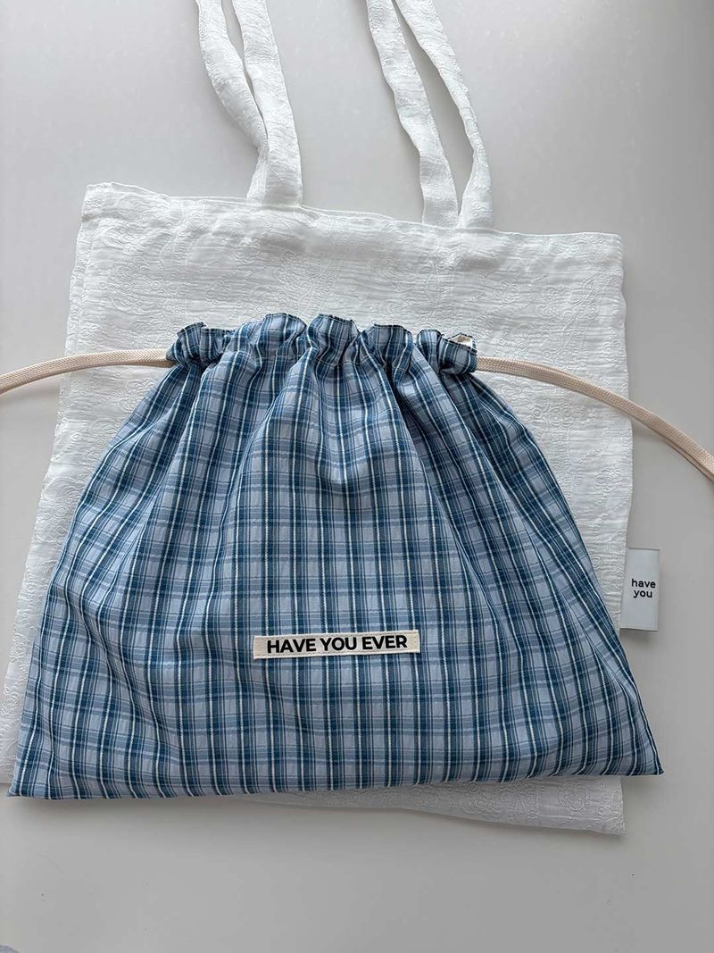 Pattern string pouch - blue check , S size