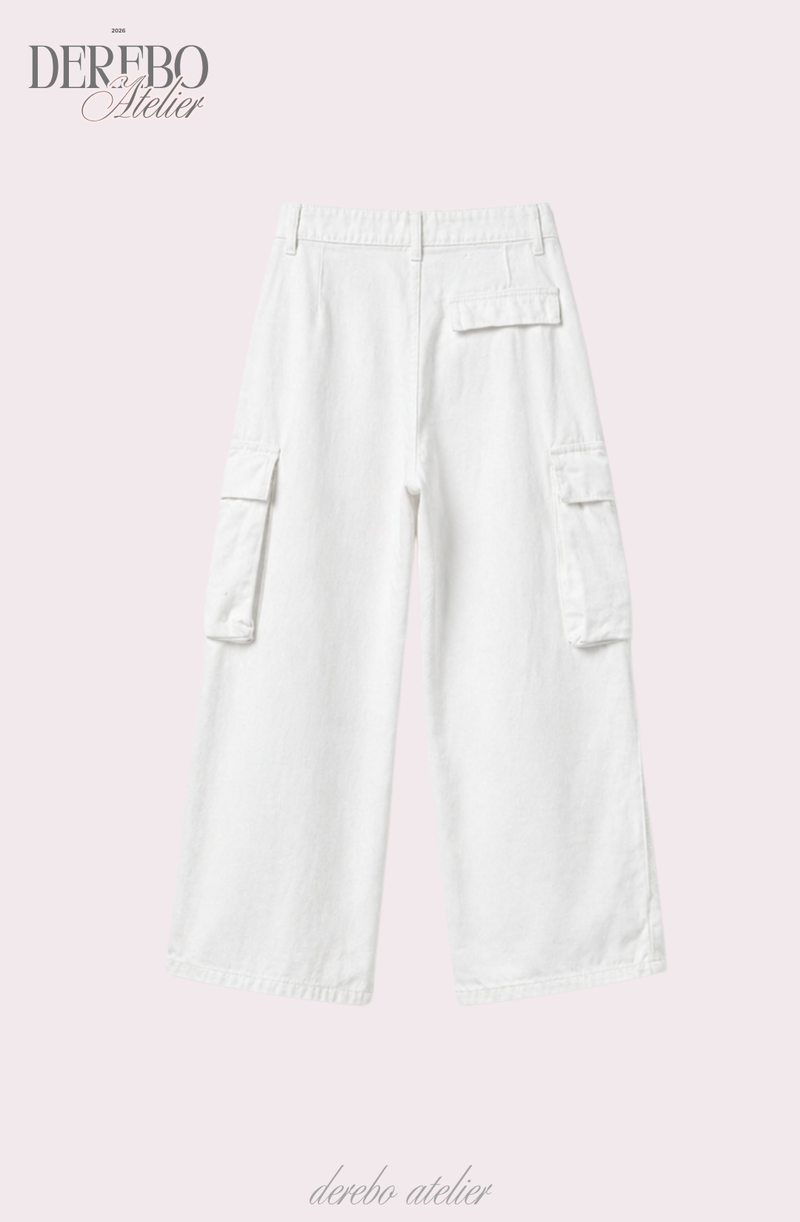 white wide pocket cotton casual pants