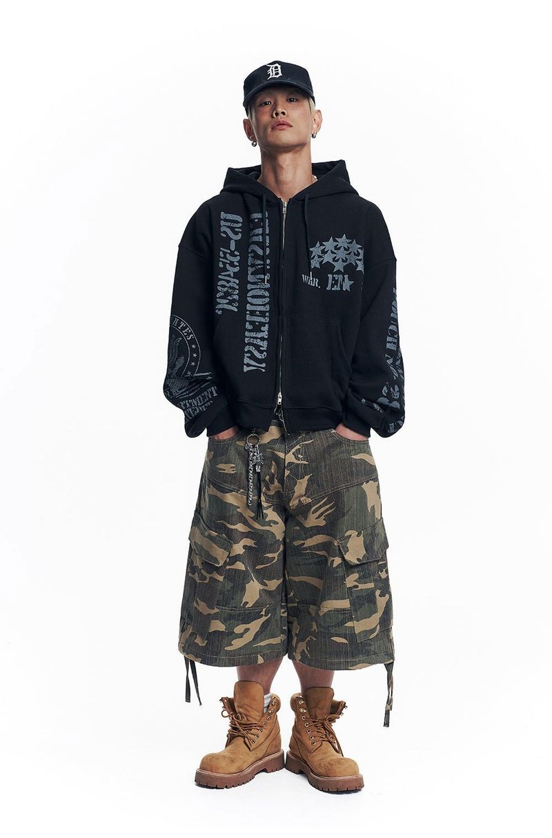 Marine Crack Print Hooded Zip-Up - Black
