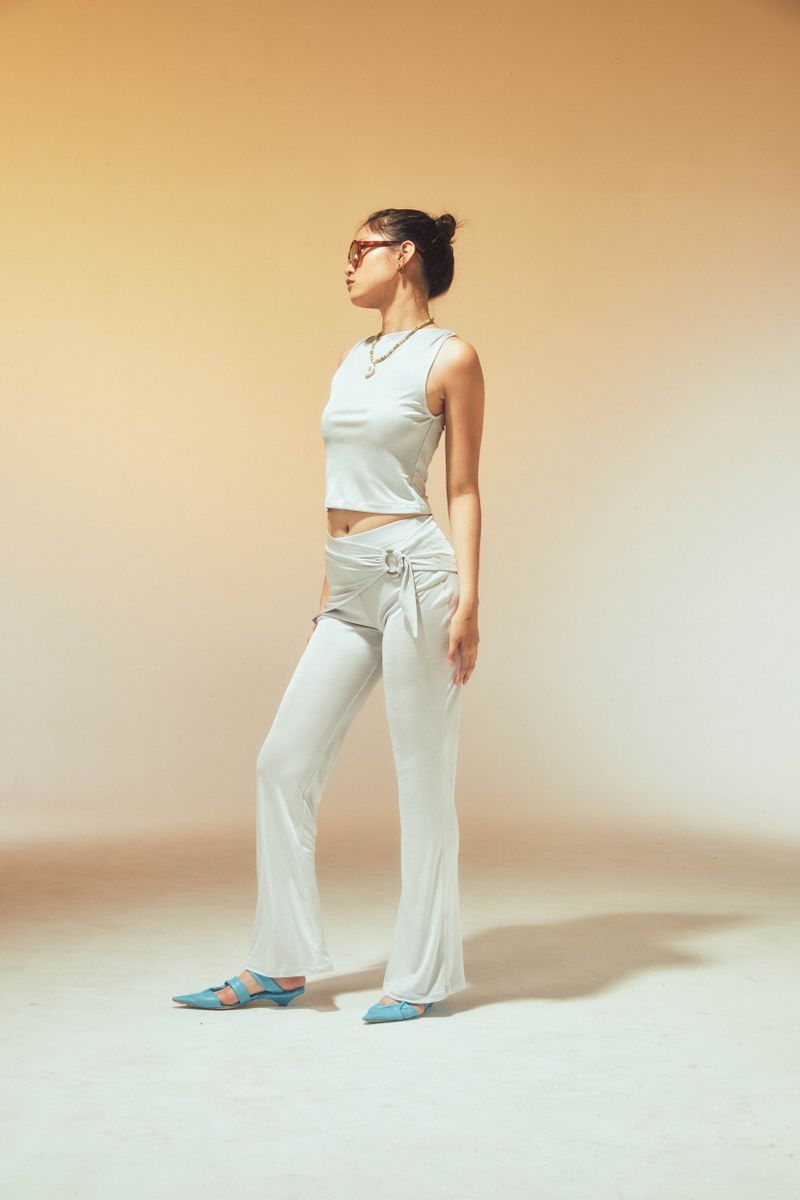 SILVER METAL BELT FLARED PANTS