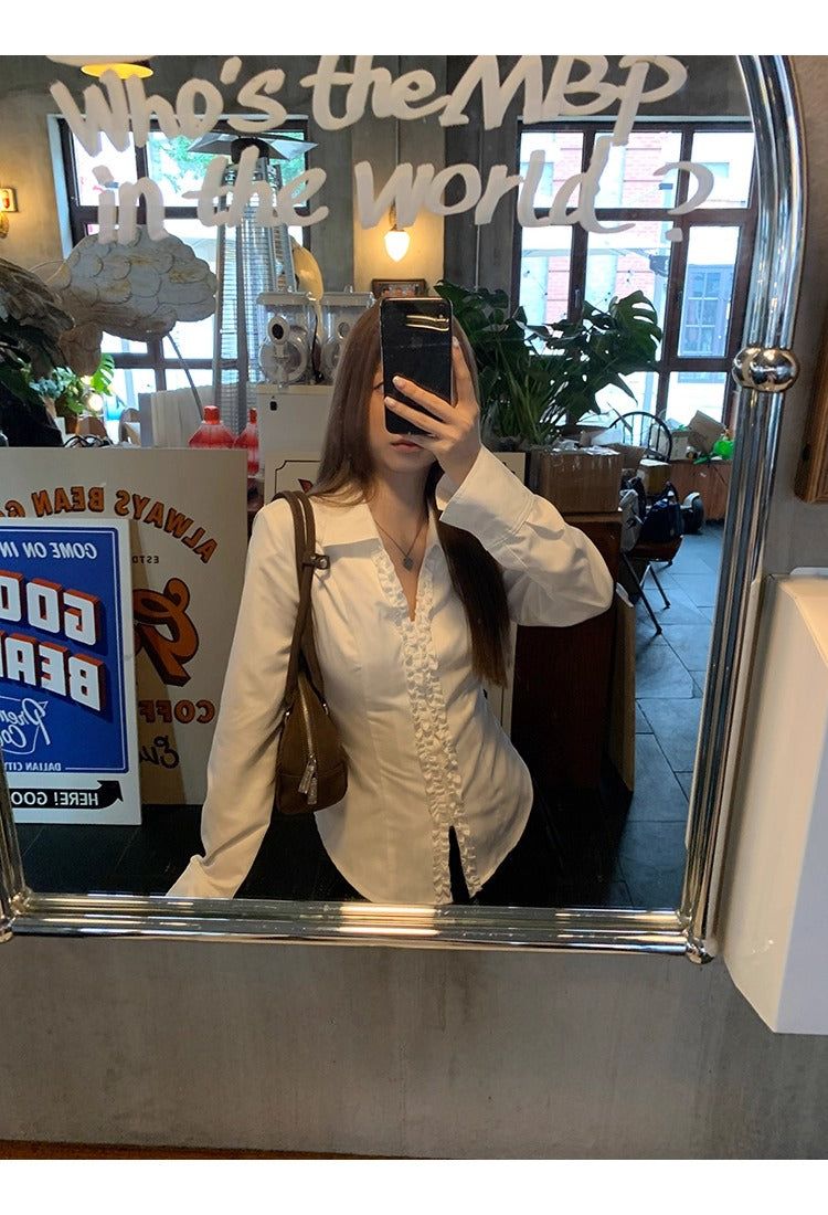 White V-neck Frill Style Long-Sleeved Shirt