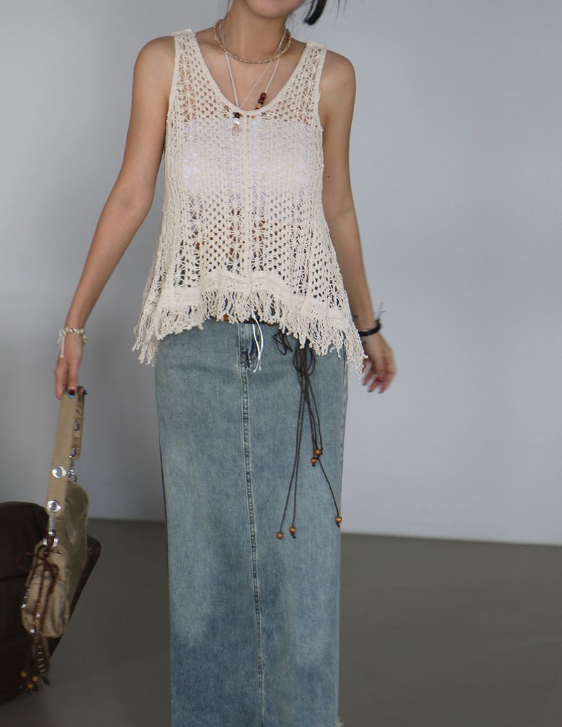 Crochet Fringed Knit Sleeveless