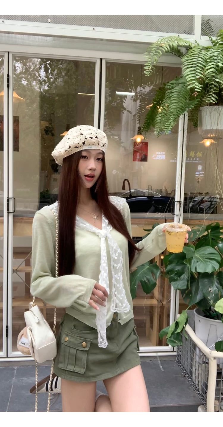 Mint green lace thin V-neck knitwear