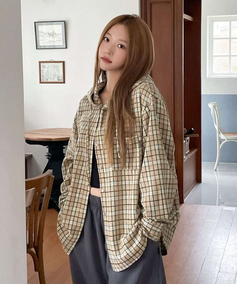 POINT LABEL CHECK HOOD SHIRT