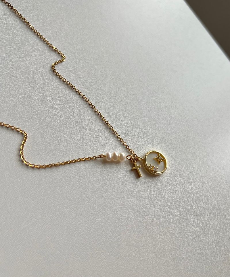 stv Moon Star Freshwater Pearl Stainless Steel Coin Layered Long Short Necklace