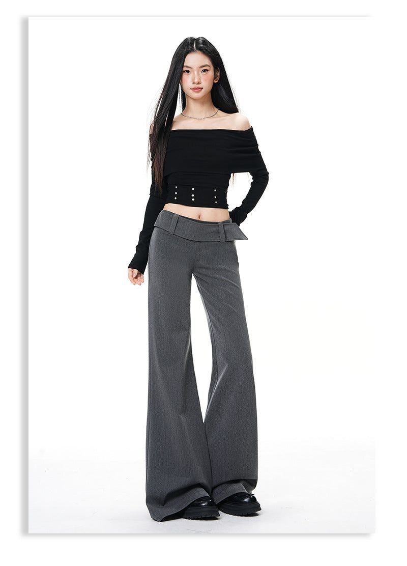 French Low-Waist Micro Flare Slacks – Tailored Slim Wide Casual Pants