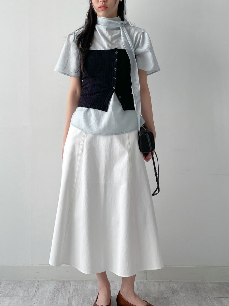 Stitched Cotton Flare Long Skirt