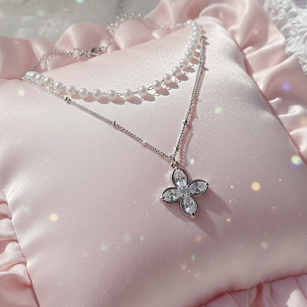 [NMIXX ジウ Necklace] ルナ ブロッサム レイヤード ネックレス - Silver color