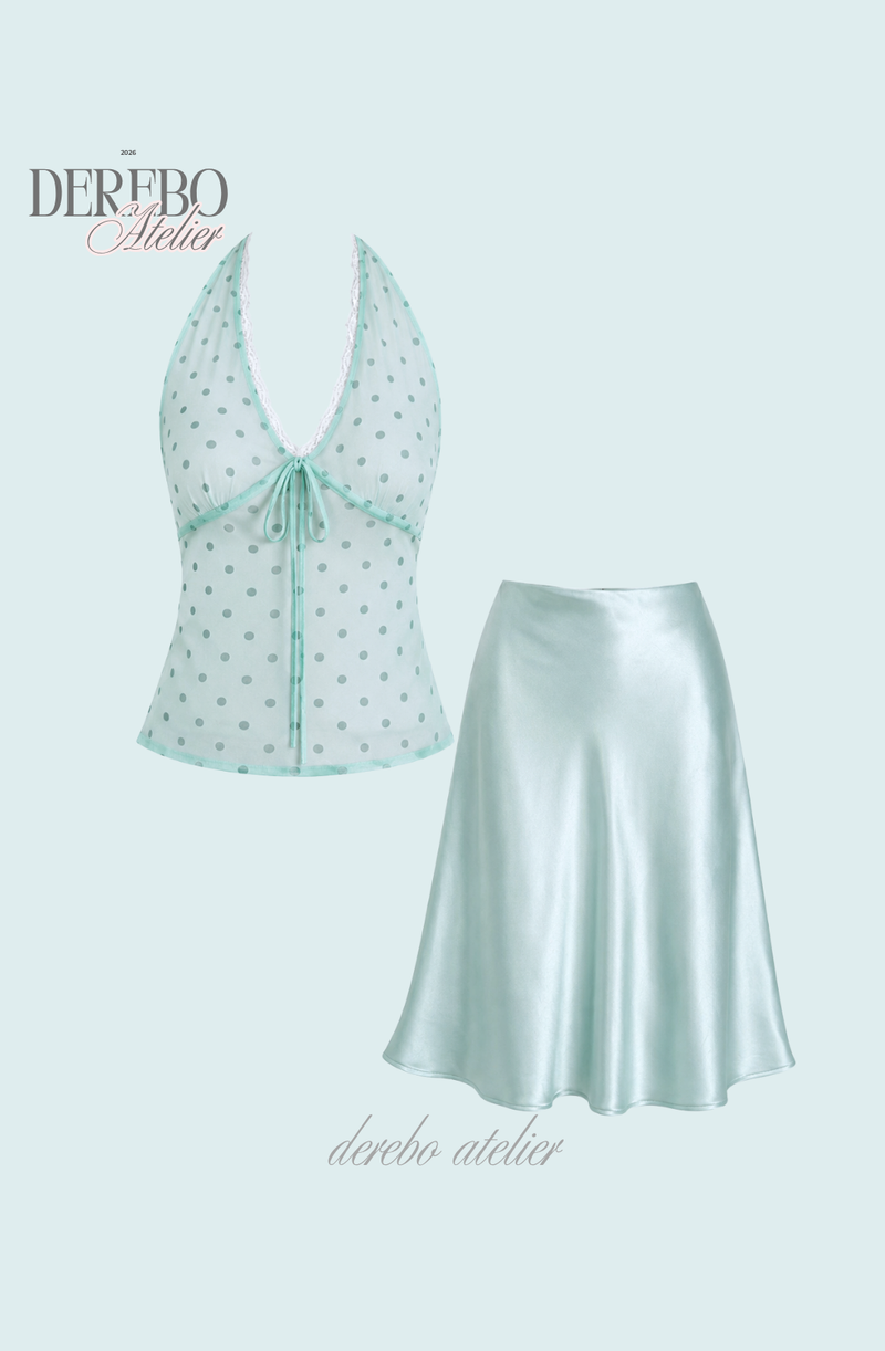 milk mint halter blouse silk skirt two-piece (SKIRT)