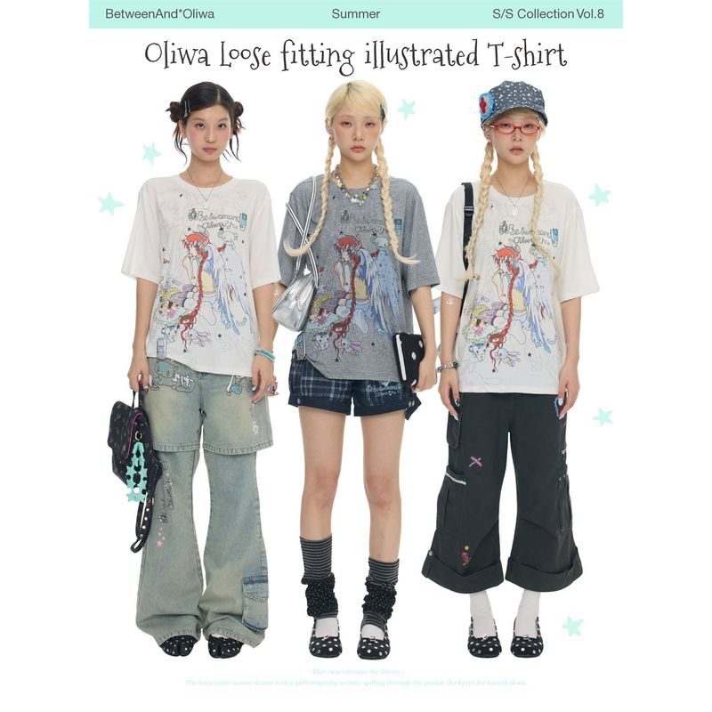 BETWEENANDxOliwa New women’s summer loose-fit two-color collaborative illustration round-neck short-sleeve T-shirt