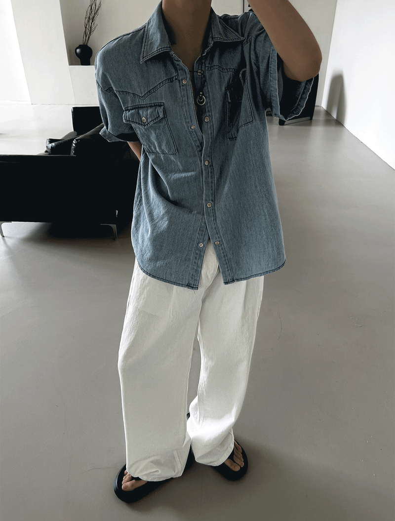 Western summer denim short-sleeved shirt