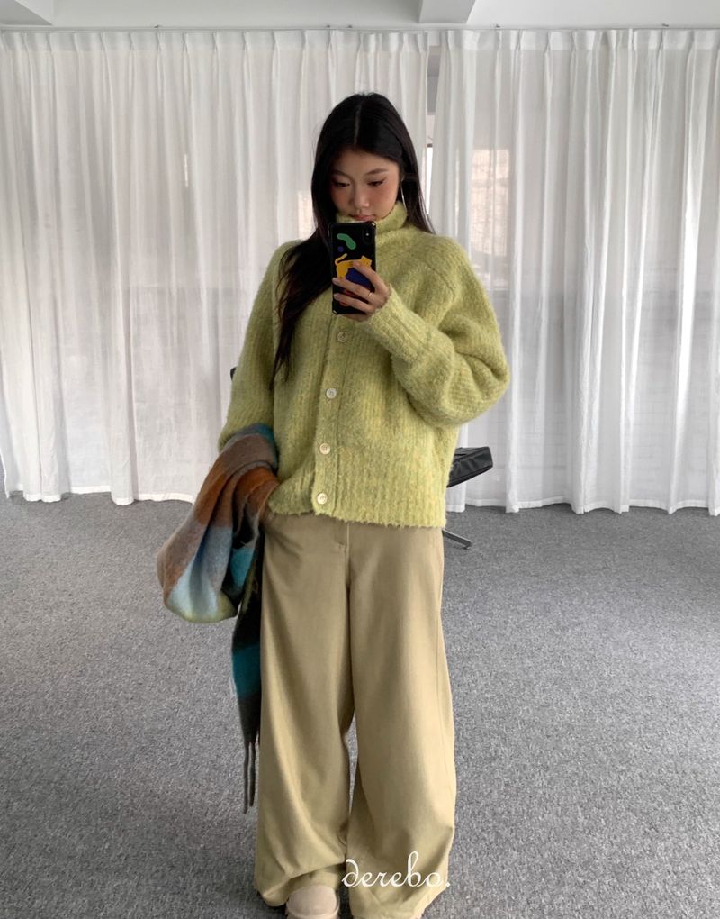 Tender Green Turtleneck Knit Cardigan