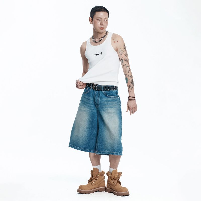 Star 8-part denim bermuda pants - DEEP BLUE