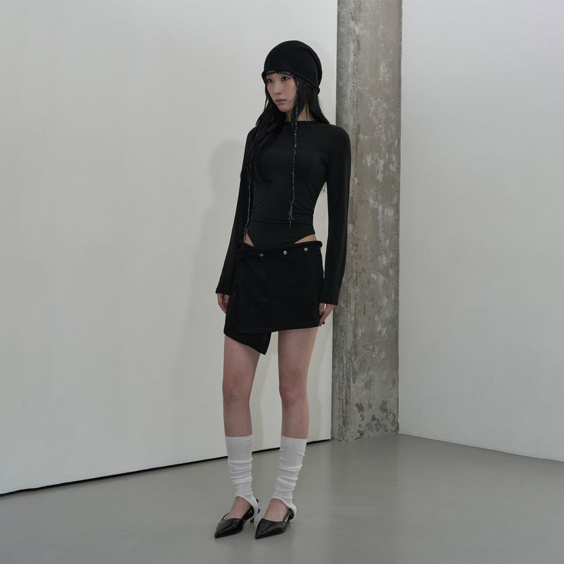 レイヤードスナップラップスカート (BLACK)
