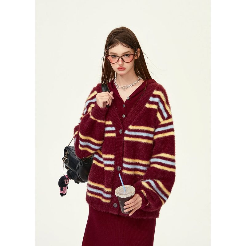 [Girly Fancy Club] Retro striped knitted cardigan loose lazy style sweater jacket