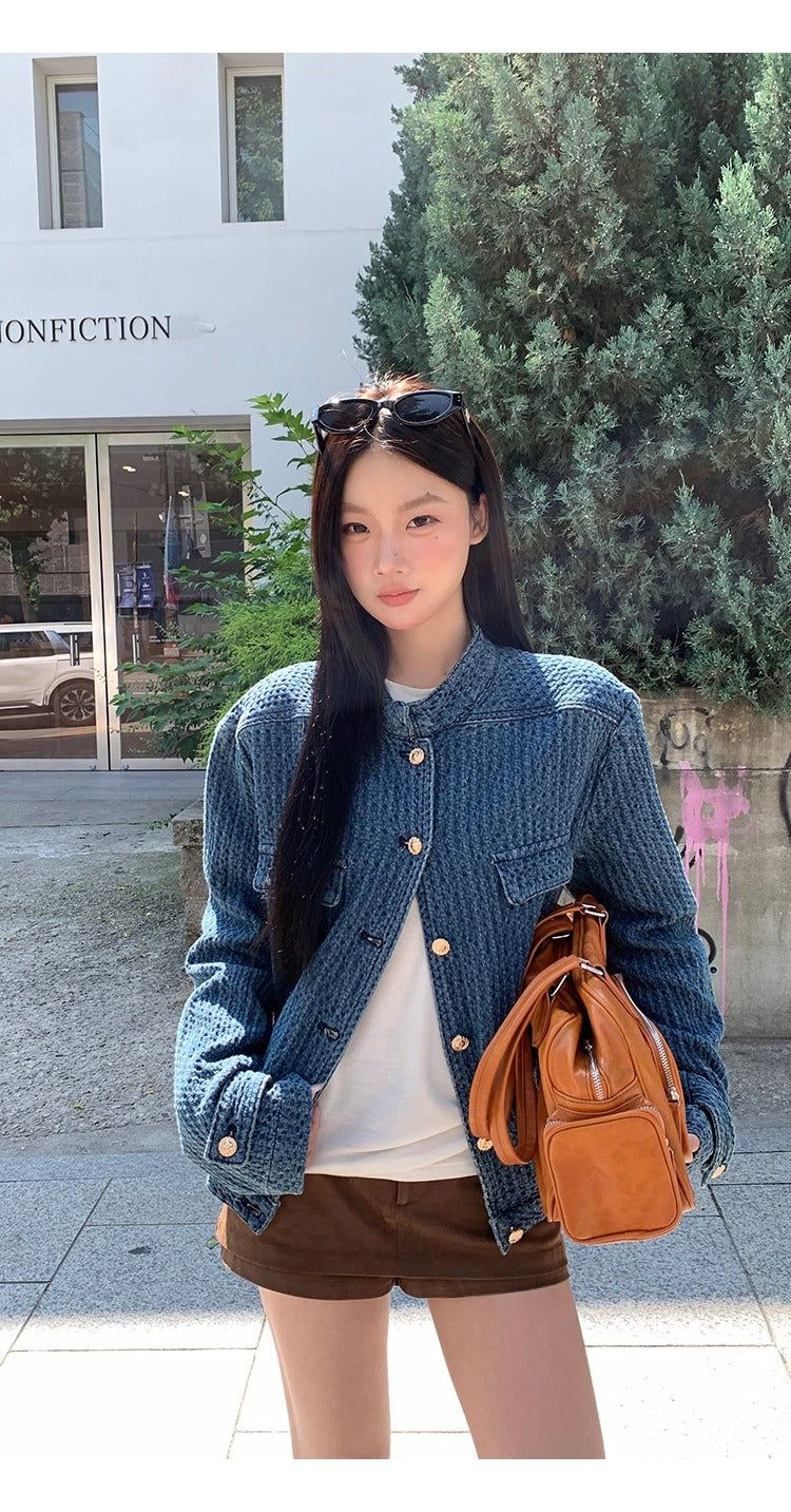 Blue casual gold button denim jacket