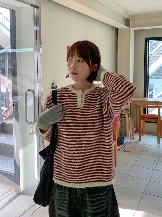 BAON（バオン）の「Malden Hairy Stripe Button Knit（Tops）」