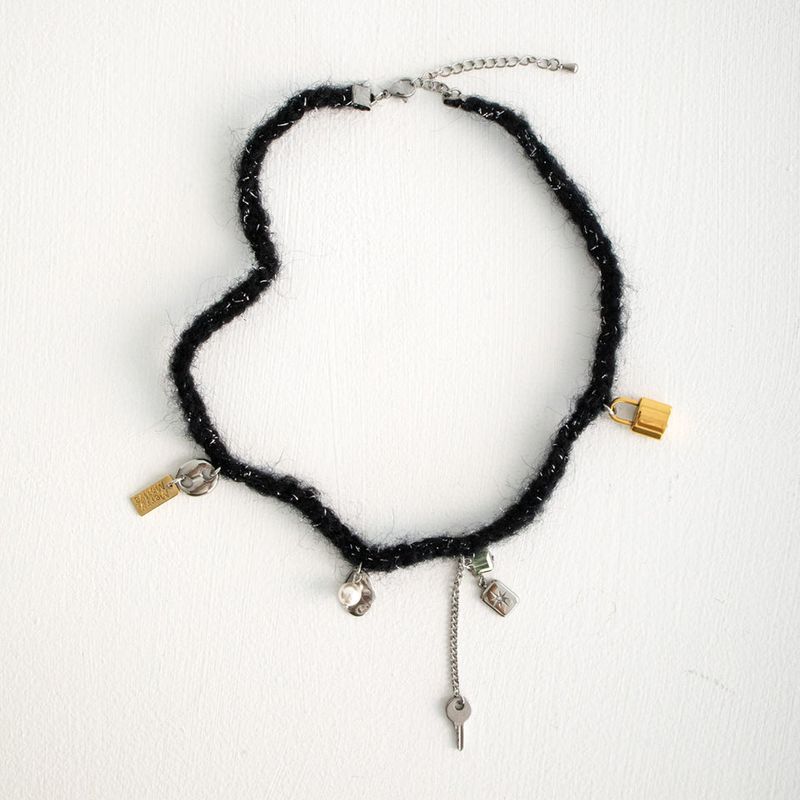 Wool black knit with unique objects necklace