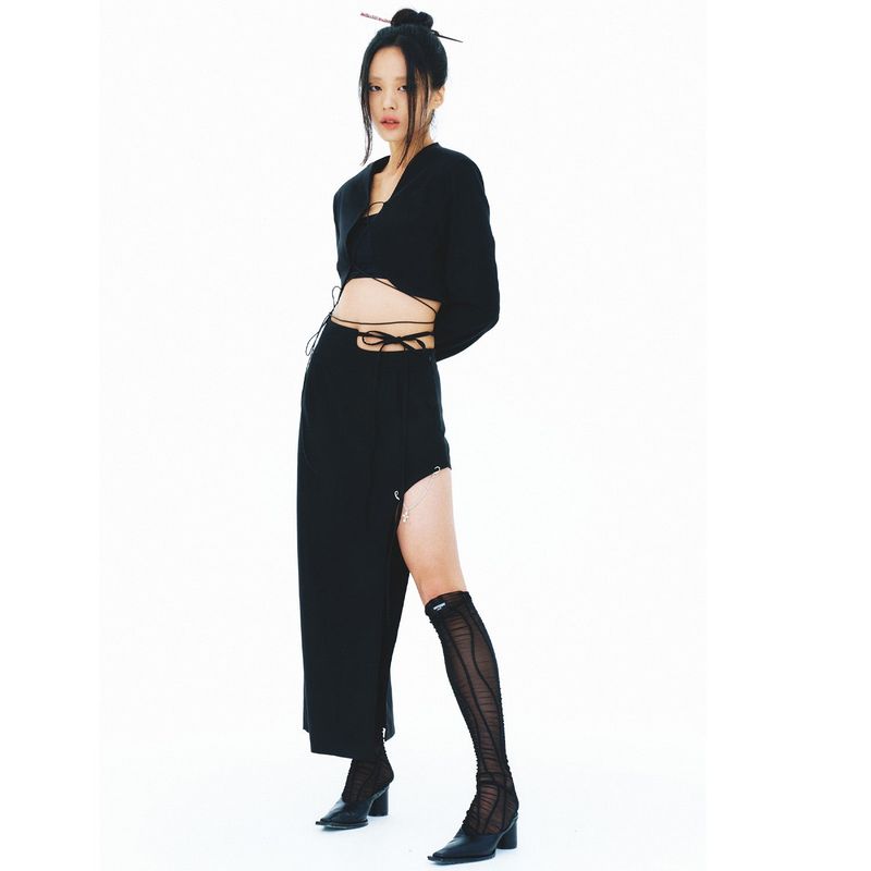 213-CHAIN&SLIT RIBBON SKIRT
