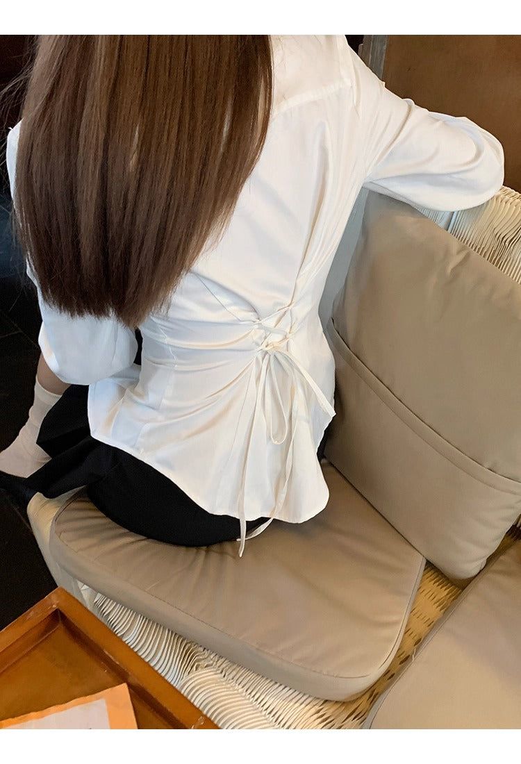 White V-neck Frill Style Long-Sleeved Shirt